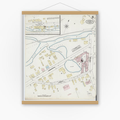 Old map wall art mockup — magnetic wood frame on white wall — Sanborn Fire Insurance Map from Adams, Berkshire County, Massachusetts (1889), Sheet #0003