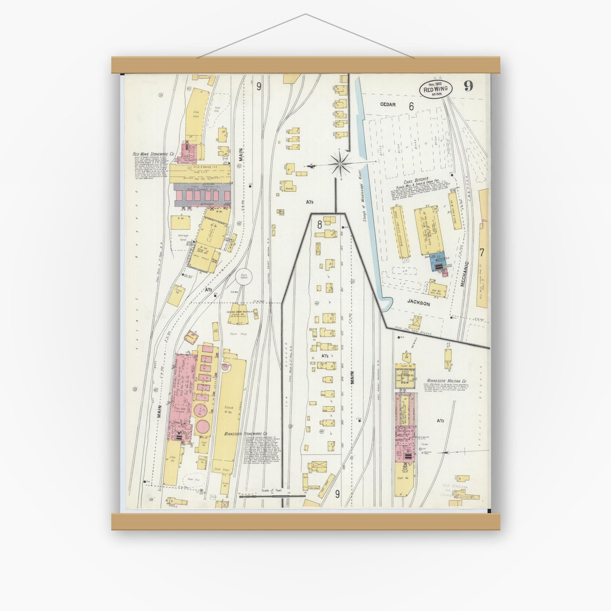 Old map wall art mockup — magnetic wood frame on white wall — Sanborn Fire Insurance Map from Red Wing, Goodhue County, Minnesota (1902), Sheet #0009