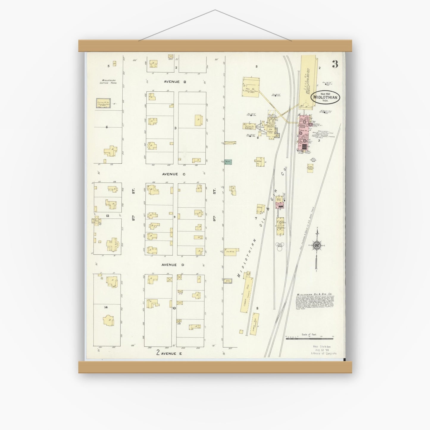 Old map wall art mockup — magnetic wood frame on white wall — Sanborn Fire Insurance Map from Midlothian, Ellis County, Texas (1910), Sheet #0003