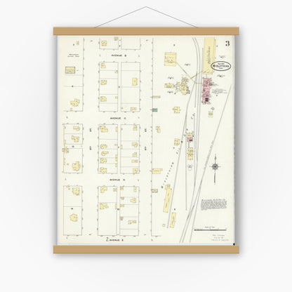 Old map wall art mockup — magnetic wood frame on white wall — Sanborn Fire Insurance Map from Midlothian, Ellis County, Texas (1910), Sheet #0003