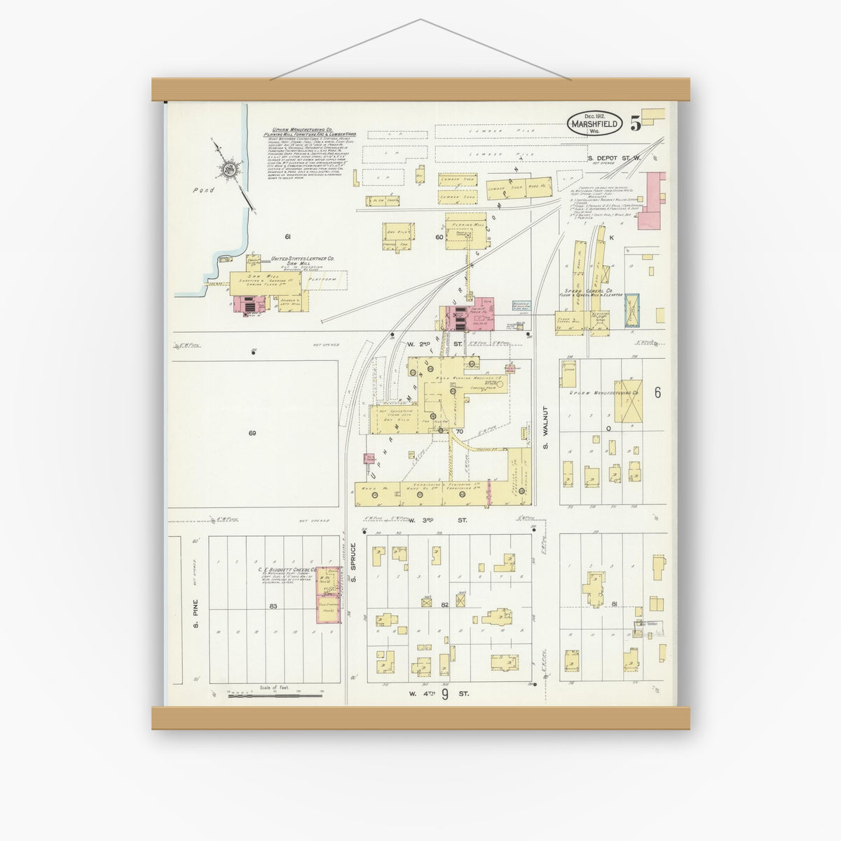 Old map wall art mockup — magnetic wood frame on white wall — Sanborn Fire Insurance Map from Marshfield, Wood County, Wisconsin (1912), Sheet #0005
