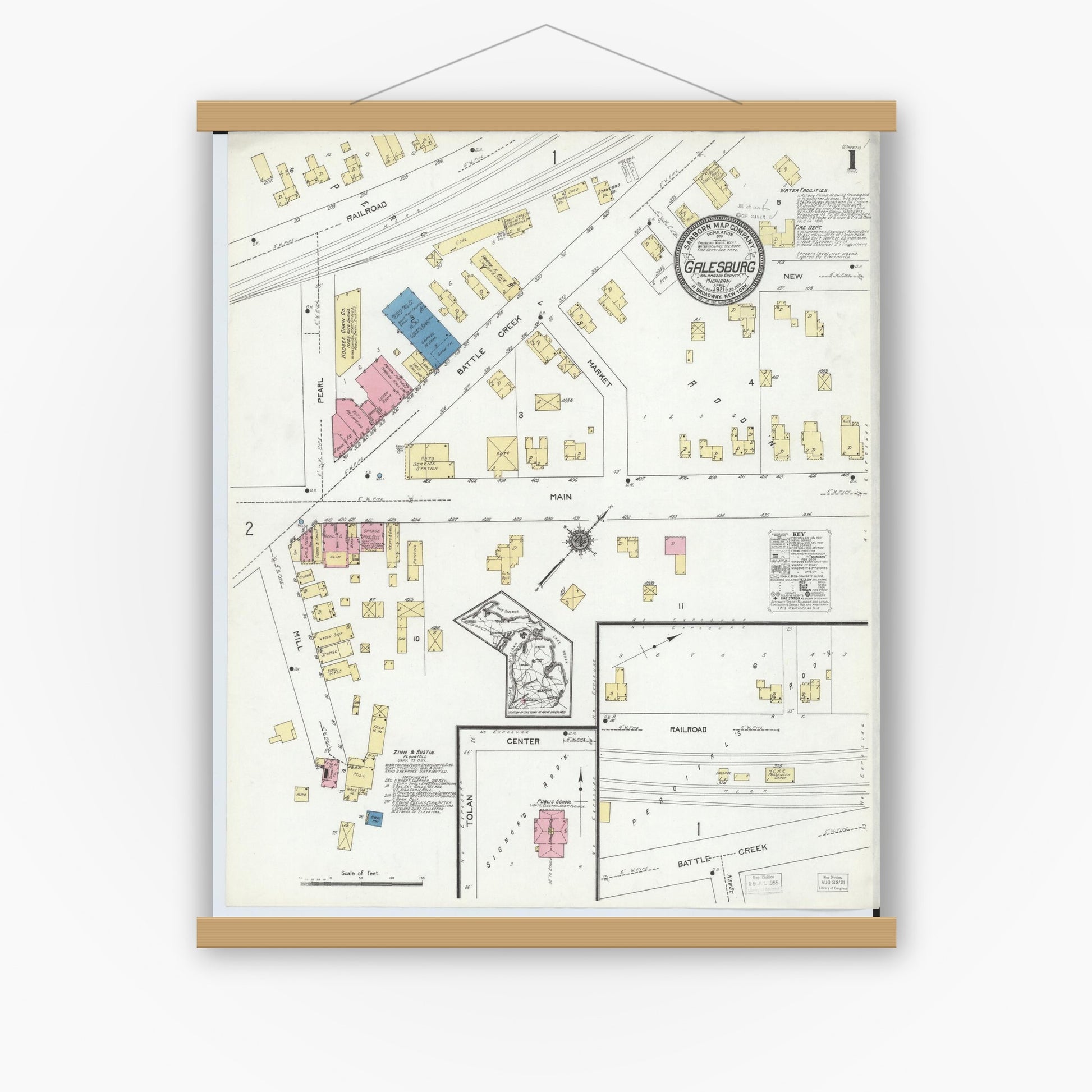 Old map wall art mockup — magnetic wood frame on white wall — Sanborn Fire Insurance Map from Galesburg, Kalamazoo County, Michigan (1921) - Complete Map Set