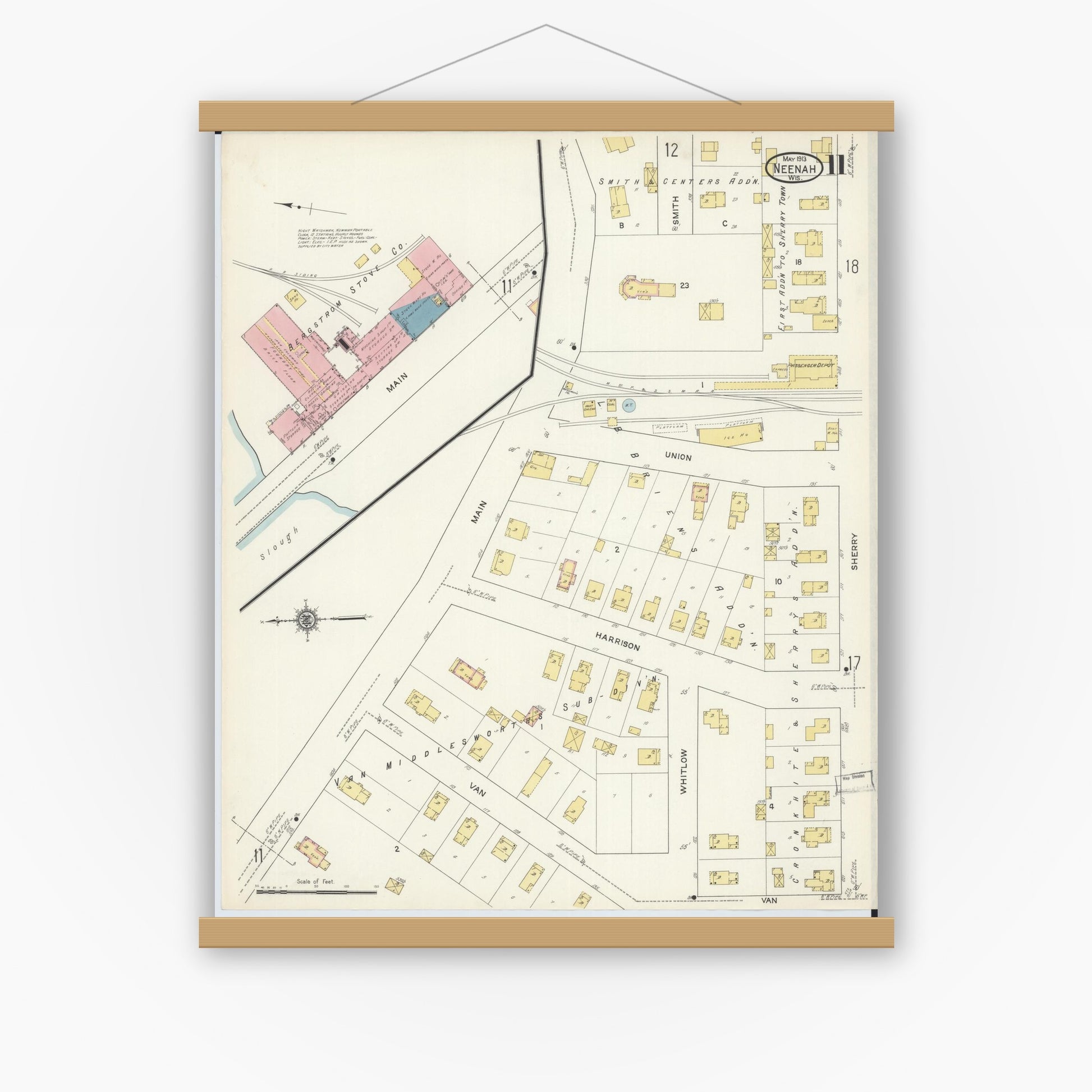 Old map wall art mockup — magnetic wood frame on white wall — Sanborn Fire Insurance Map from Neenah, Winnebago County, Wisconsin (1913), Sheet #0011