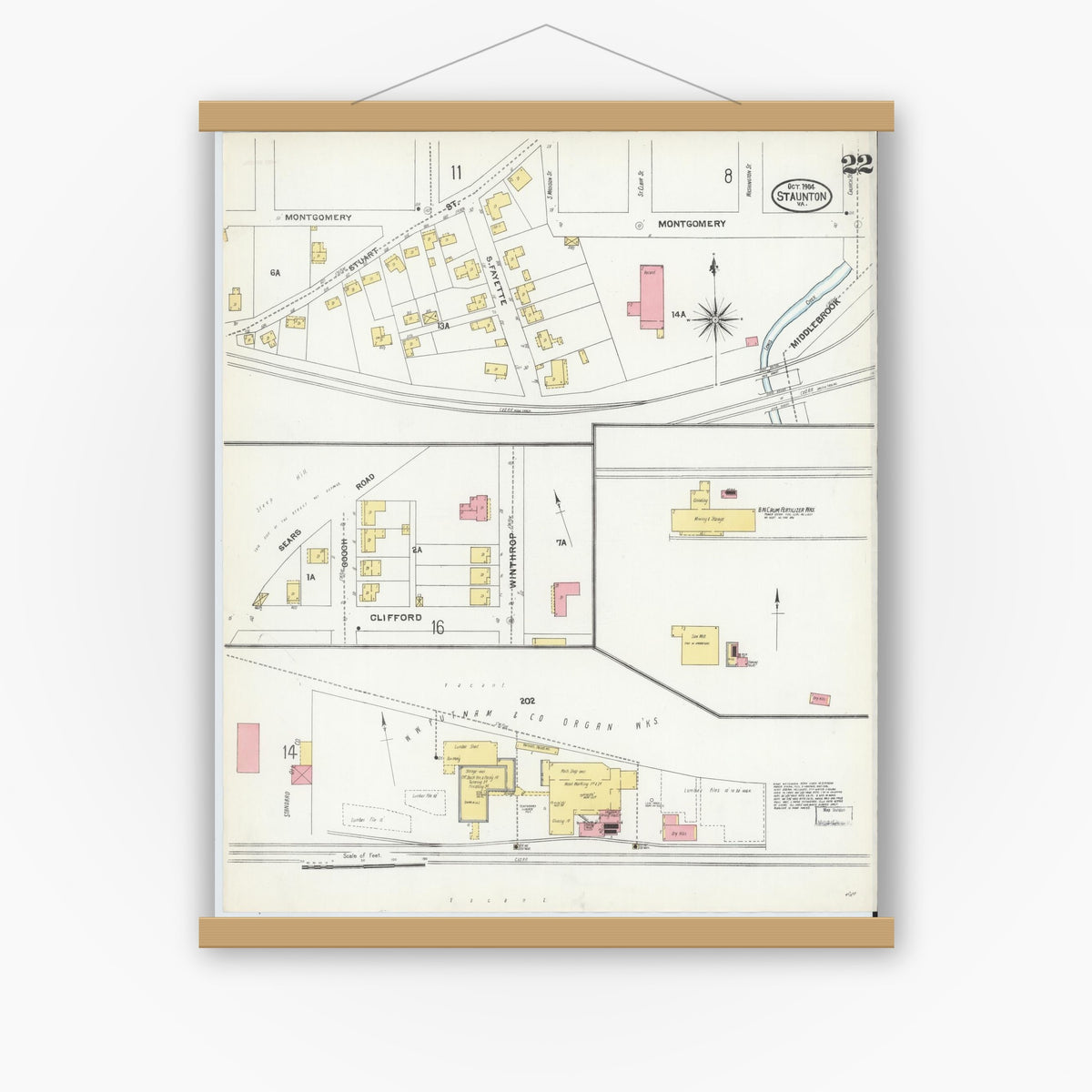 Old map wall art mockup — magnetic wood frame on white wall — Sanborn Fire Insurance Map from Staunton, Independent Cities, Virginia (1904), Sheet #0022