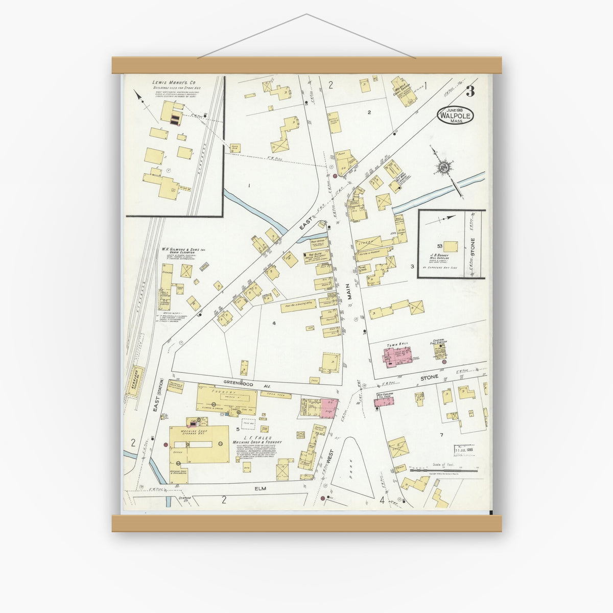 Old map wall art mockup — magnetic wood frame on white wall — Sanborn Fire Insurance Map from Walpole, Norfolk County, Massachusetts (1918), Sheet #0003