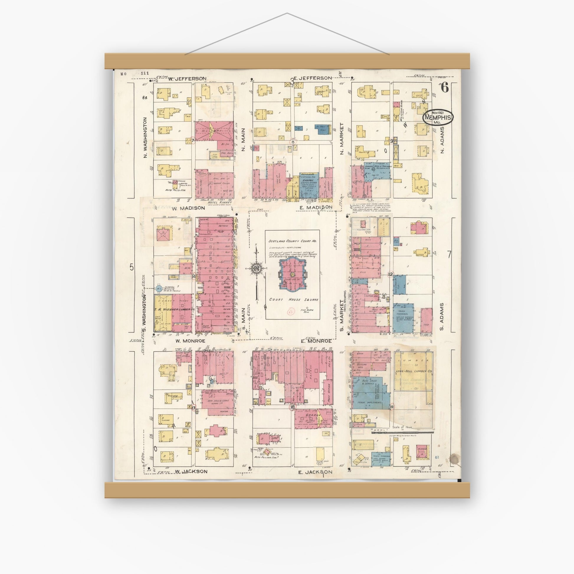 Old map wall art mockup — magnetic wood frame on white wall — Sanborn Fire Insurance Map from Memphis, Scotland County, Missouri (1936), Sheet #0006