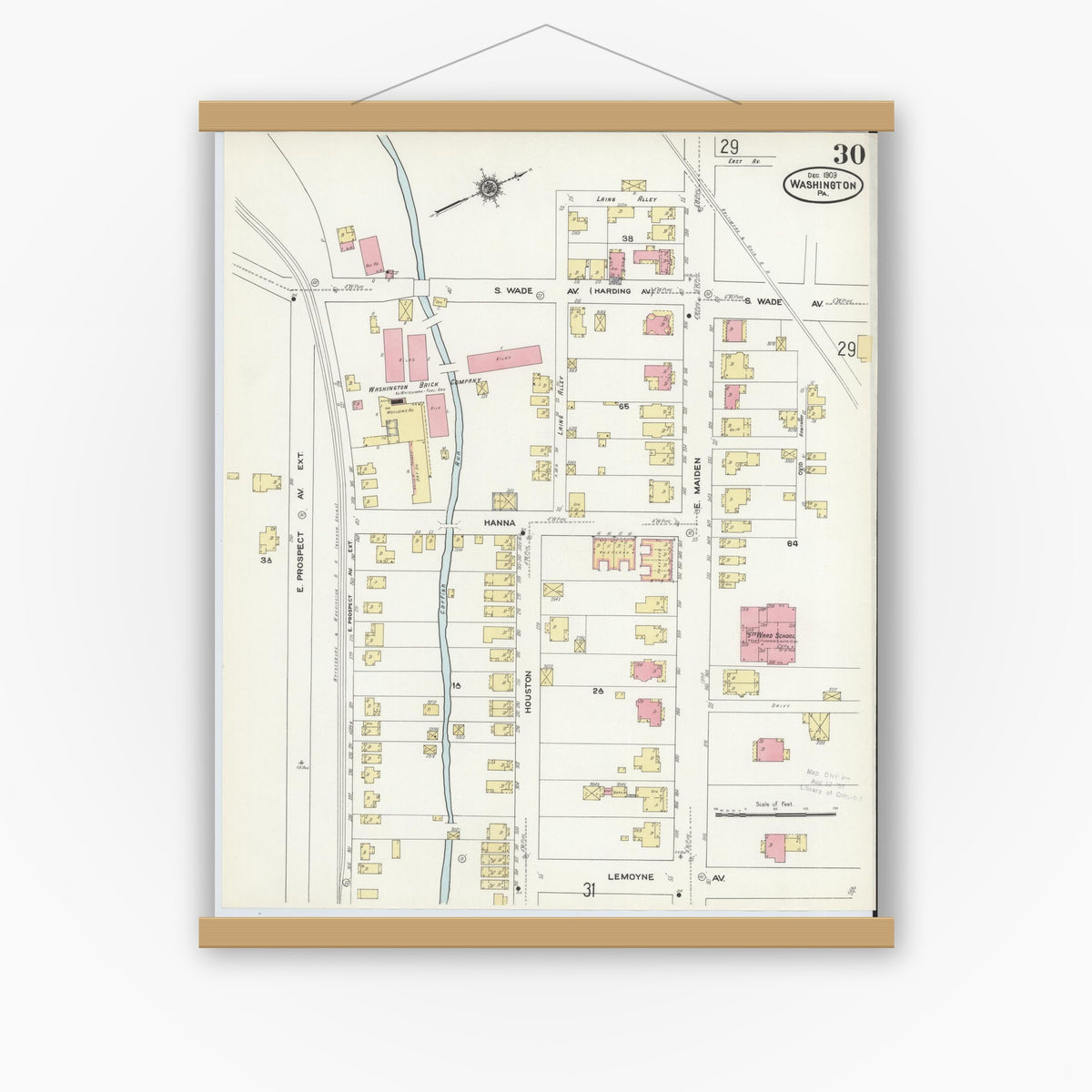 Old map wall art mockup — magnetic wood frame on white wall — Sanborn Fire Insurance Map from Washington, Washington County, Pennsylvania (1909), Sheet #0030
