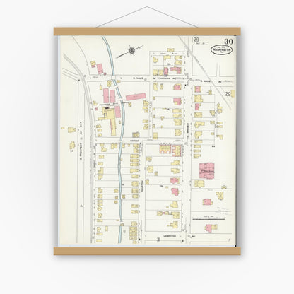 Old map wall art mockup — magnetic wood frame on white wall — Sanborn Fire Insurance Map from Washington, Washington County, Pennsylvania (1909), Sheet #0030