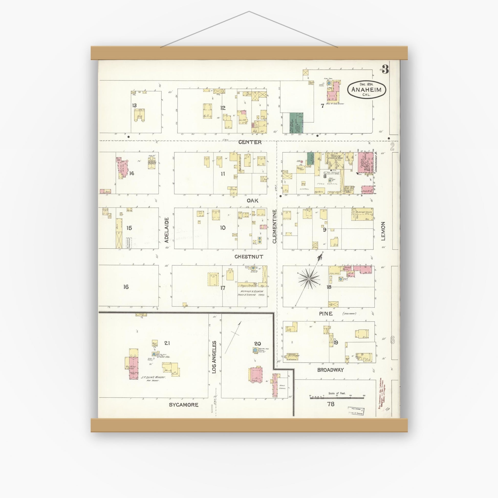 Old map wall art mockup — magnetic wood frame on white wall — Sanborn Fire Insurance Map from Anaheim, Orange County, California (1894), Sheet #0003