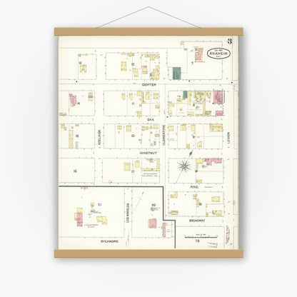 Old map wall art mockup — magnetic wood frame on white wall — Sanborn Fire Insurance Map from Anaheim, Orange County, California (1894), Sheet #0003