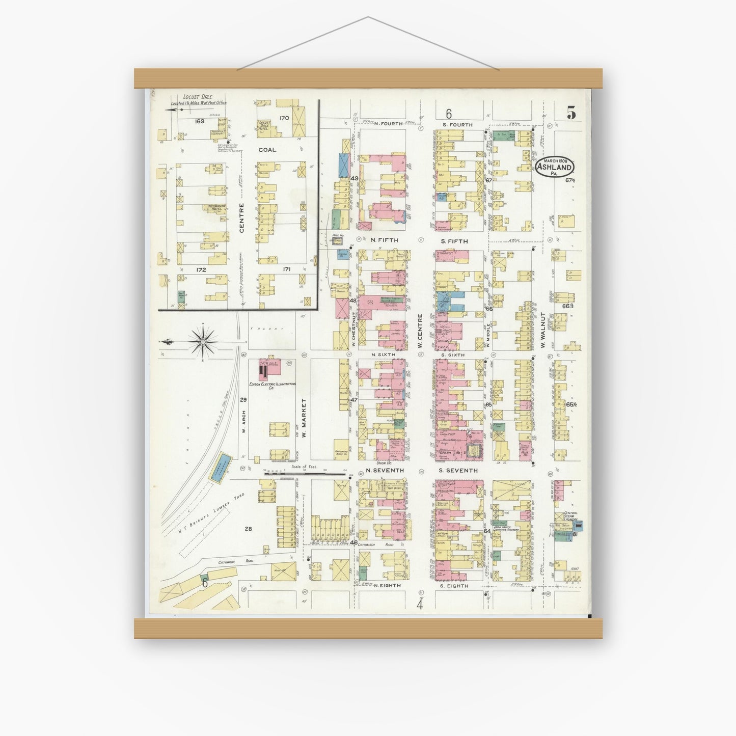 Old map wall art mockup — magnetic wood frame on white wall — Sanborn Fire Insurance Map from Ashland, Schuylkill County, Pennsylvania (1908), Sheet #0005