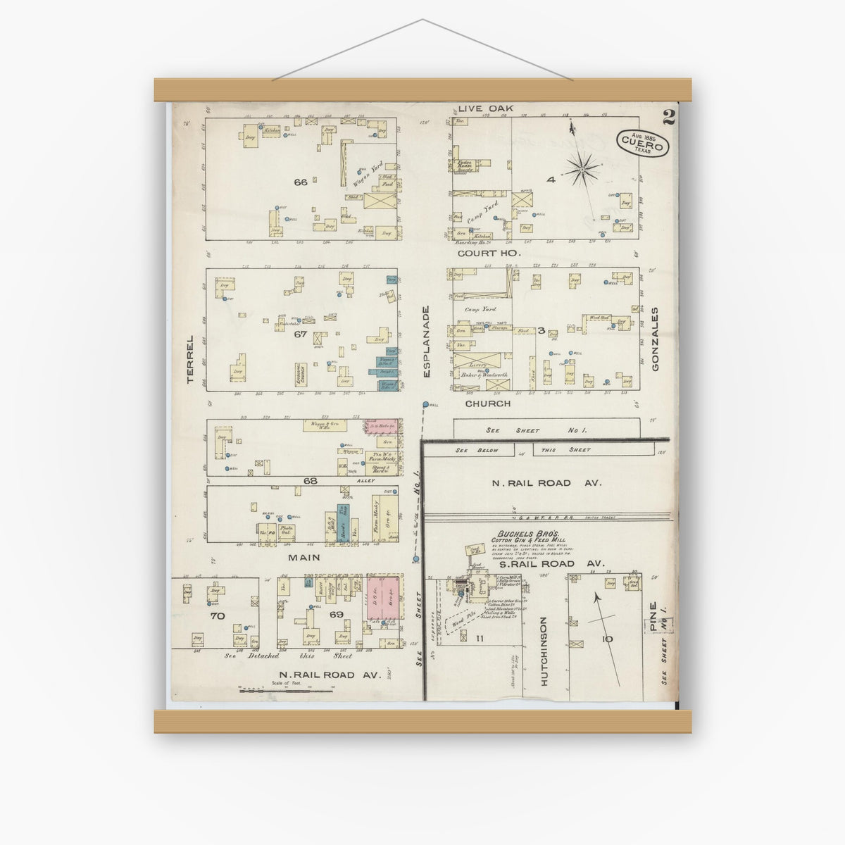 Old map wall art mockup — magnetic wood frame on white wall — Sanborn Fire Insurance Map from Cuero, De Witt County, Texas (1885), Sheet #0002