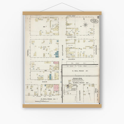 Old map wall art mockup — magnetic wood frame on white wall — Sanborn Fire Insurance Map from Cuero, De Witt County, Texas (1885), Sheet #0002