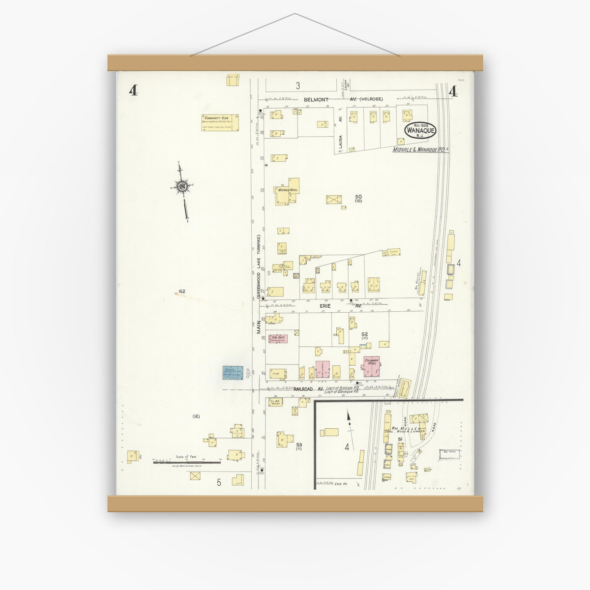 Old map wall art mockup — magnetic wood frame on white wall — Sanborn Fire Insurance Map from Wanaque, Passaic County, New Jersey (1923), Sheet #0004