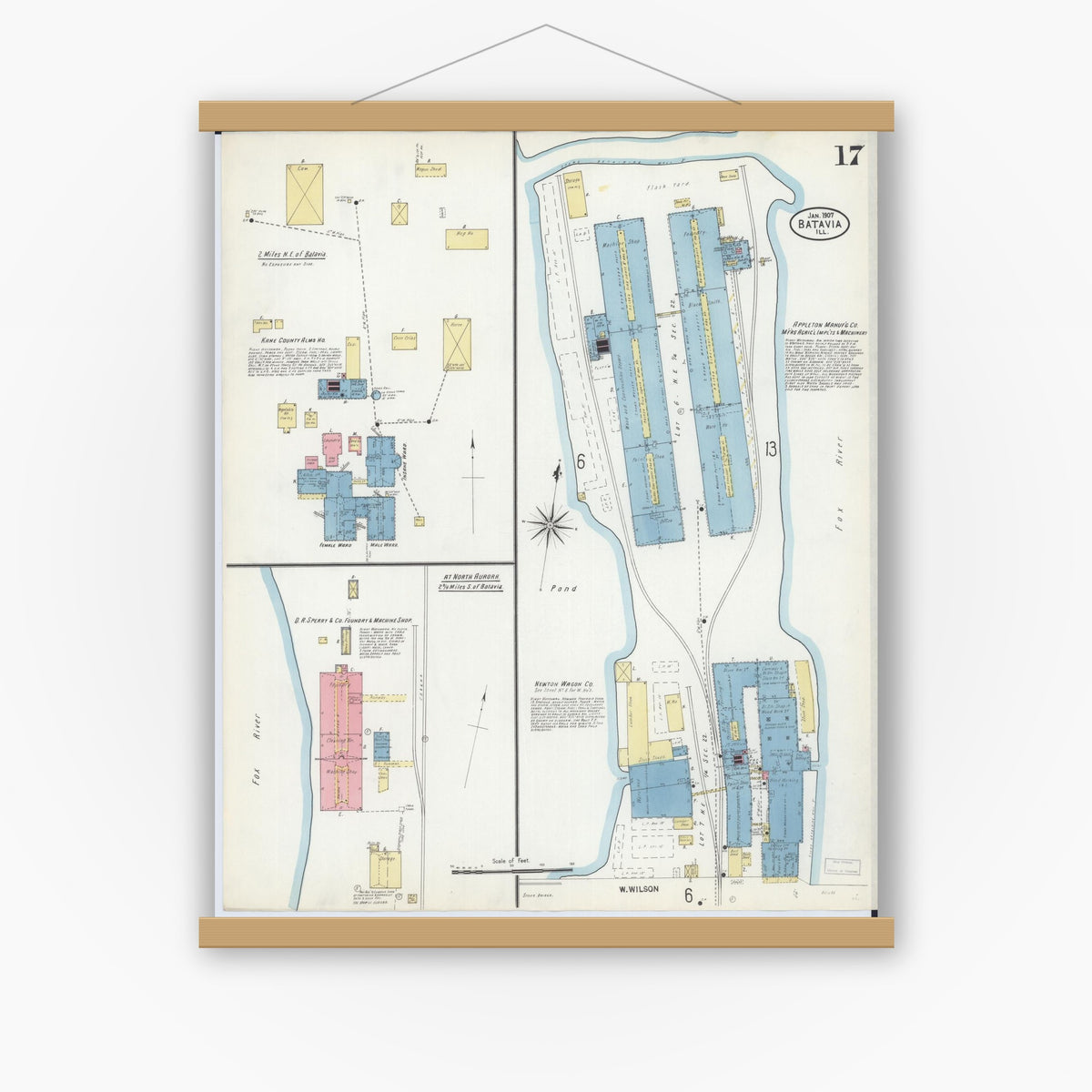 Old map wall art mockup — magnetic wood frame on white wall — Sanborn Fire Insurance Map from Batavia, Kane County, Illinois (1907), Sheet #0017