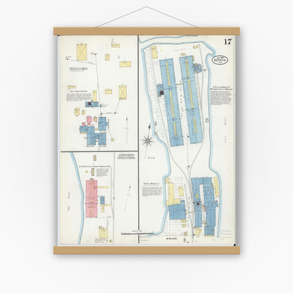 Old map wall art mockup — magnetic wood frame on white wall — Sanborn Fire Insurance Map from Batavia, Kane County, Illinois (1907), Sheet #0017