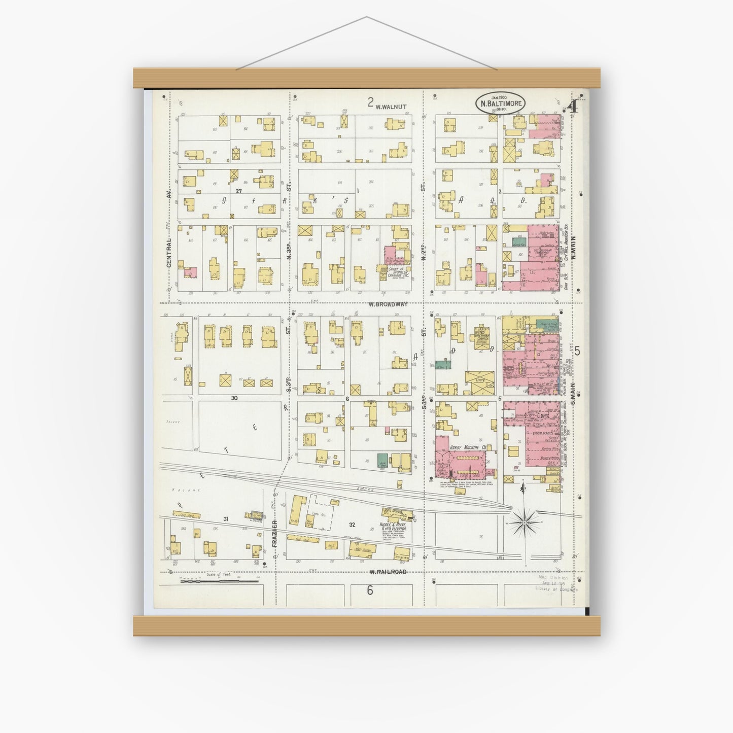 Old map wall art mockup — magnetic wood frame on white wall — Sanborn Fire Insurance Map from North Baltimore, Wood County, Ohio (1900), Sheet #0004