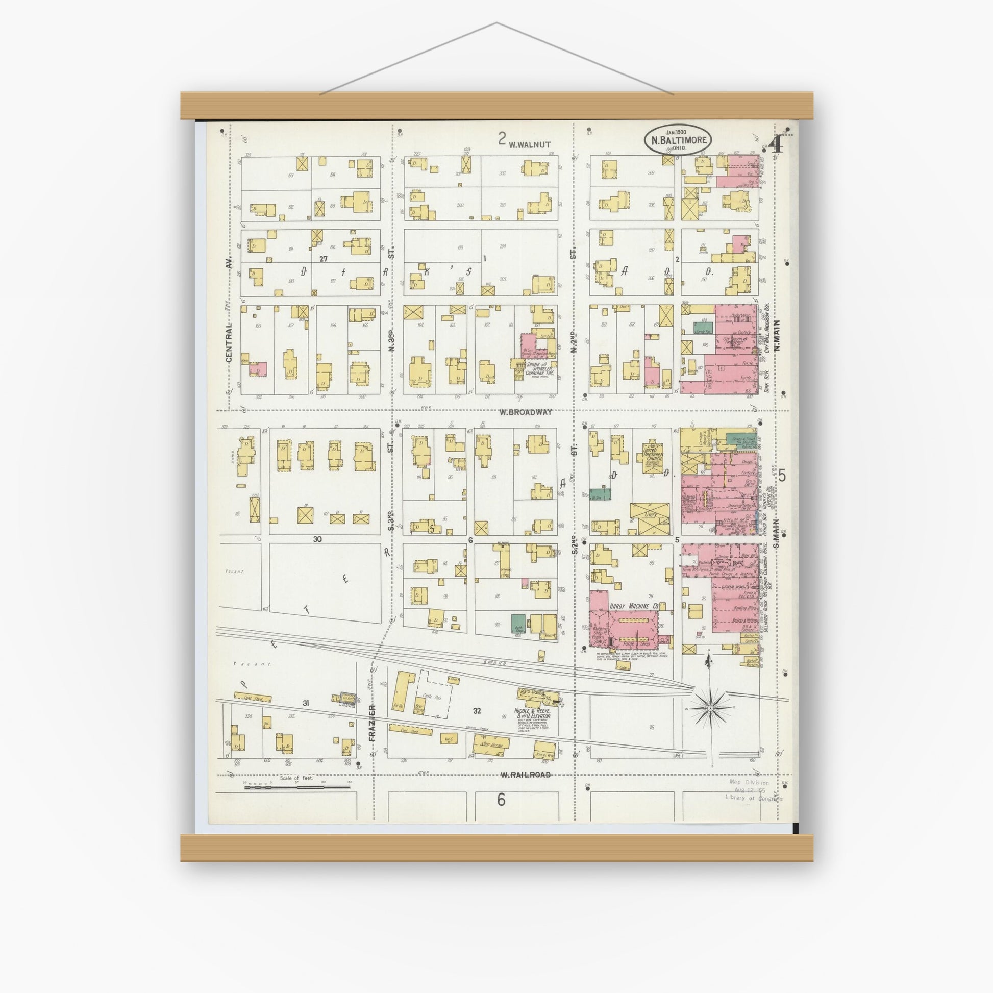 Old map wall art mockup — magnetic wood frame on white wall — Sanborn Fire Insurance Map from North Baltimore, Wood County, Ohio (1900), Sheet #0004