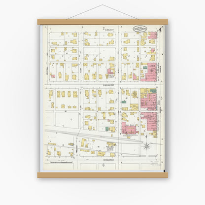 Old map wall art mockup — magnetic wood frame on white wall — Sanborn Fire Insurance Map from North Baltimore, Wood County, Ohio (1900), Sheet #0004
