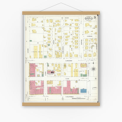 Old map wall art mockup — magnetic wood frame on white wall — Sanborn Fire Insurance Map from Gainesville, Cooke County, Texas (1908), Sheet #0003