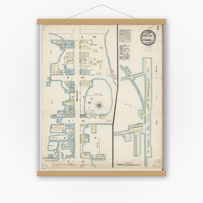Old map wall art mockup — magnetic wood frame on white wall — Sanborn Fire Insurance Map from Cedar Key, Levy County, Florida (1884), Sheet #0001