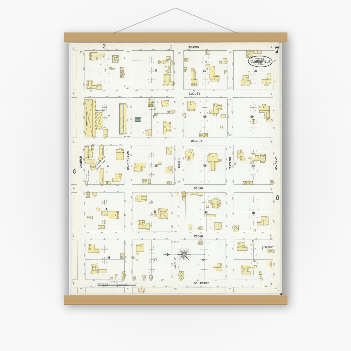 Old map wall art mockup — magnetic wood frame on white wall — Sanborn Fire Insurance Map from Clarksville, Red River County, Texas (1901), Sheet #0007
