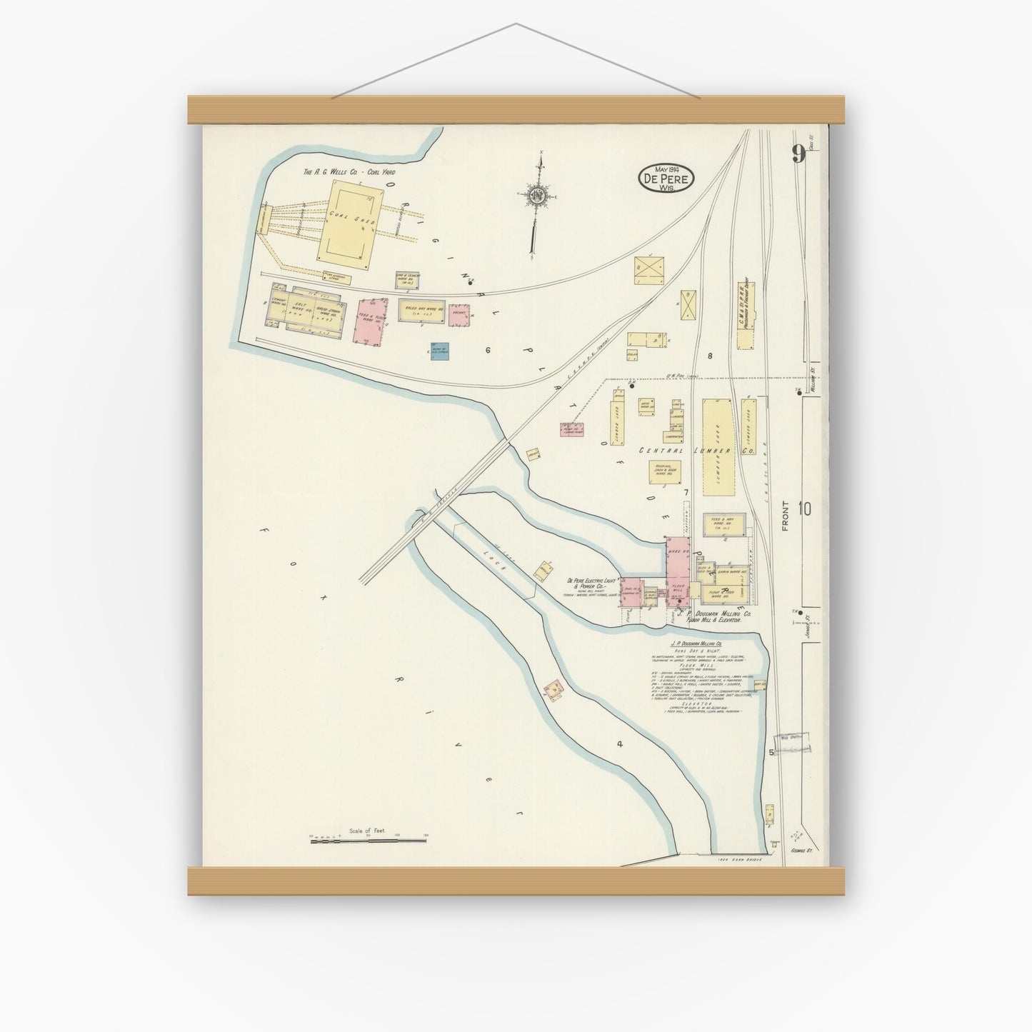 Old map wall art mockup — magnetic wood frame on white wall — Sanborn Fire Insurance Map from De Pere, Brown County, Wisconsin (1914), Sheet #0009