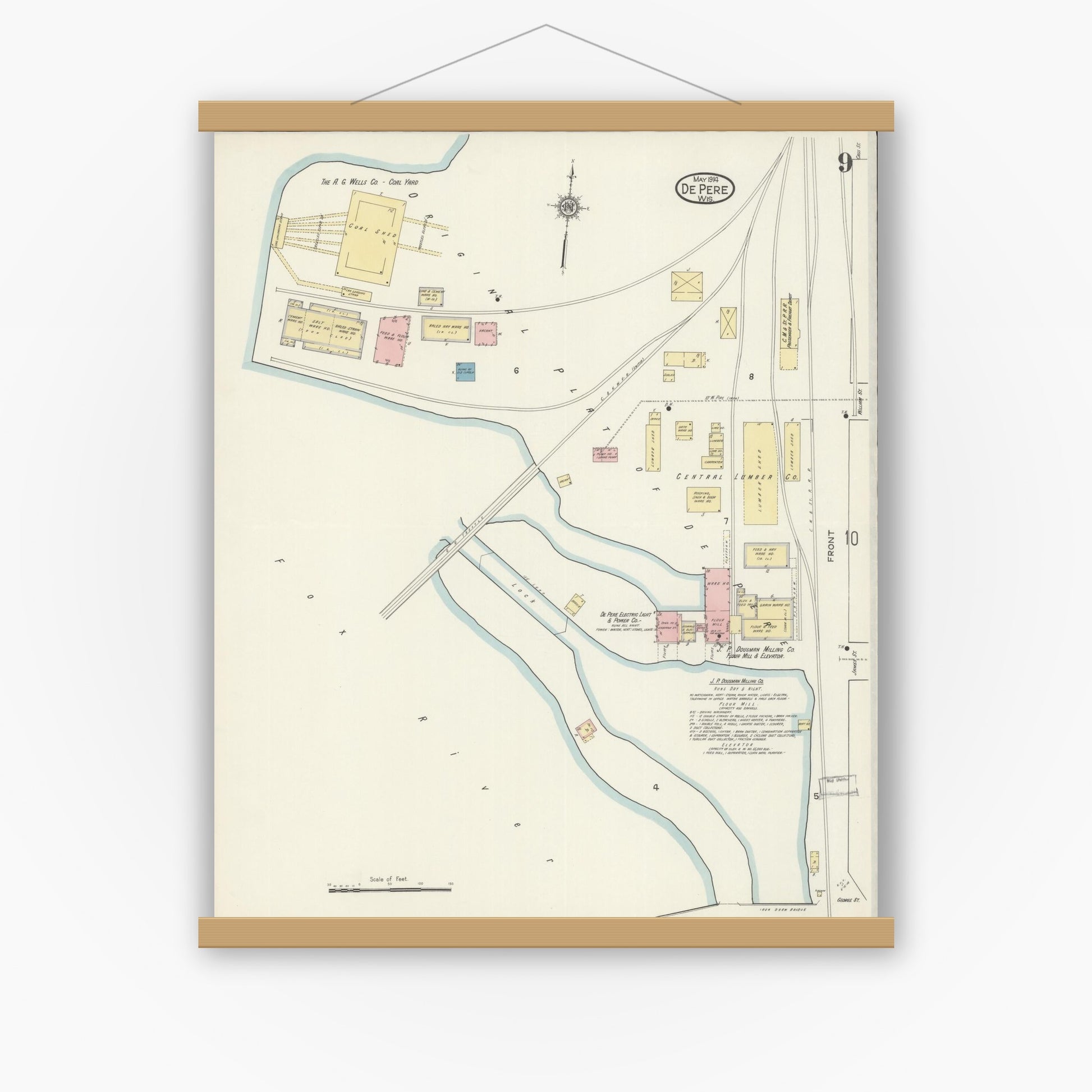 Old map wall art mockup — magnetic wood frame on white wall — Sanborn Fire Insurance Map from De Pere, Brown County, Wisconsin (1914), Sheet #0009