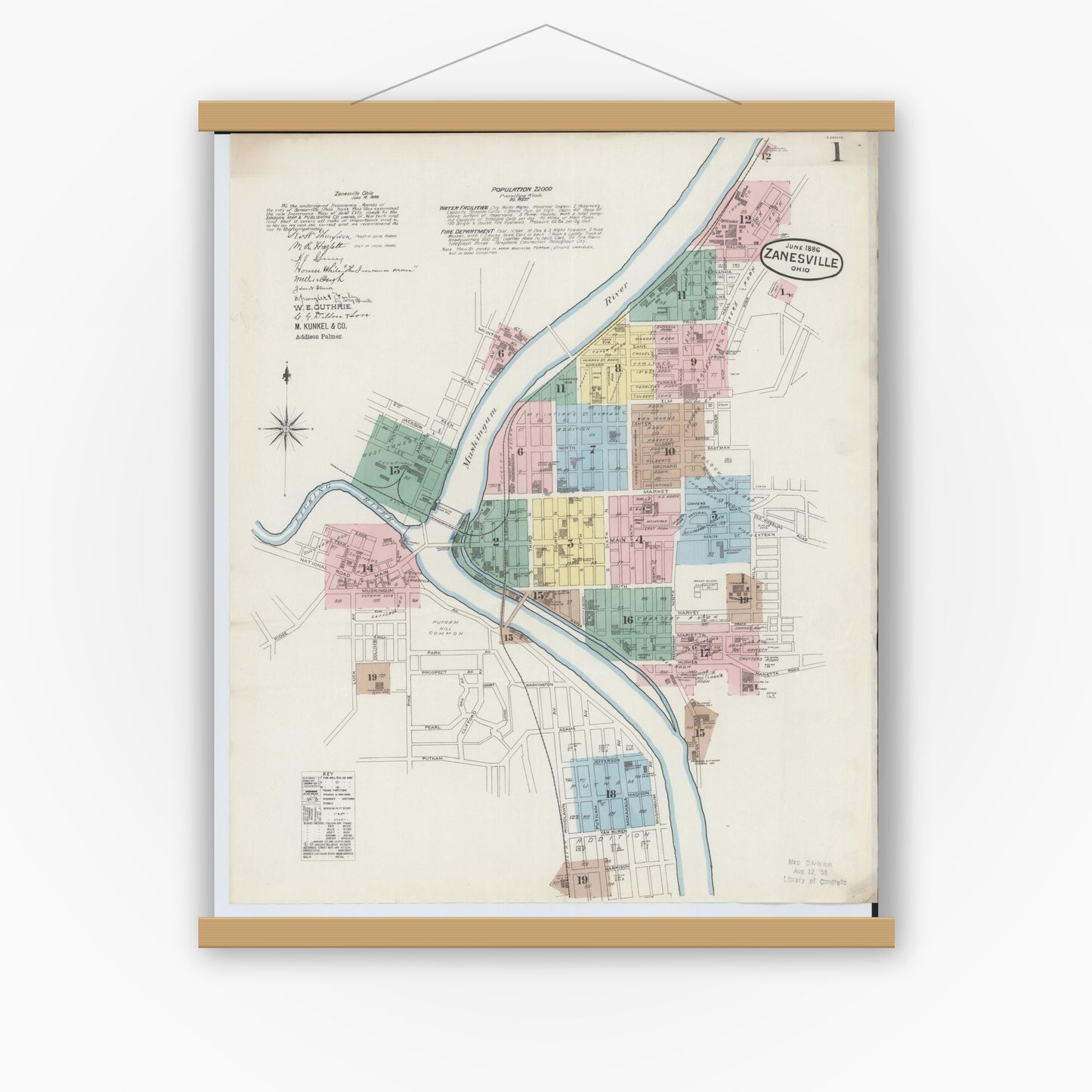 Old map wall art mockup — magnetic wood frame on white wall — Sanborn Fire Insurance Map from Zanesville, Muskingum County, Ohio (1886) - Complete Map Set