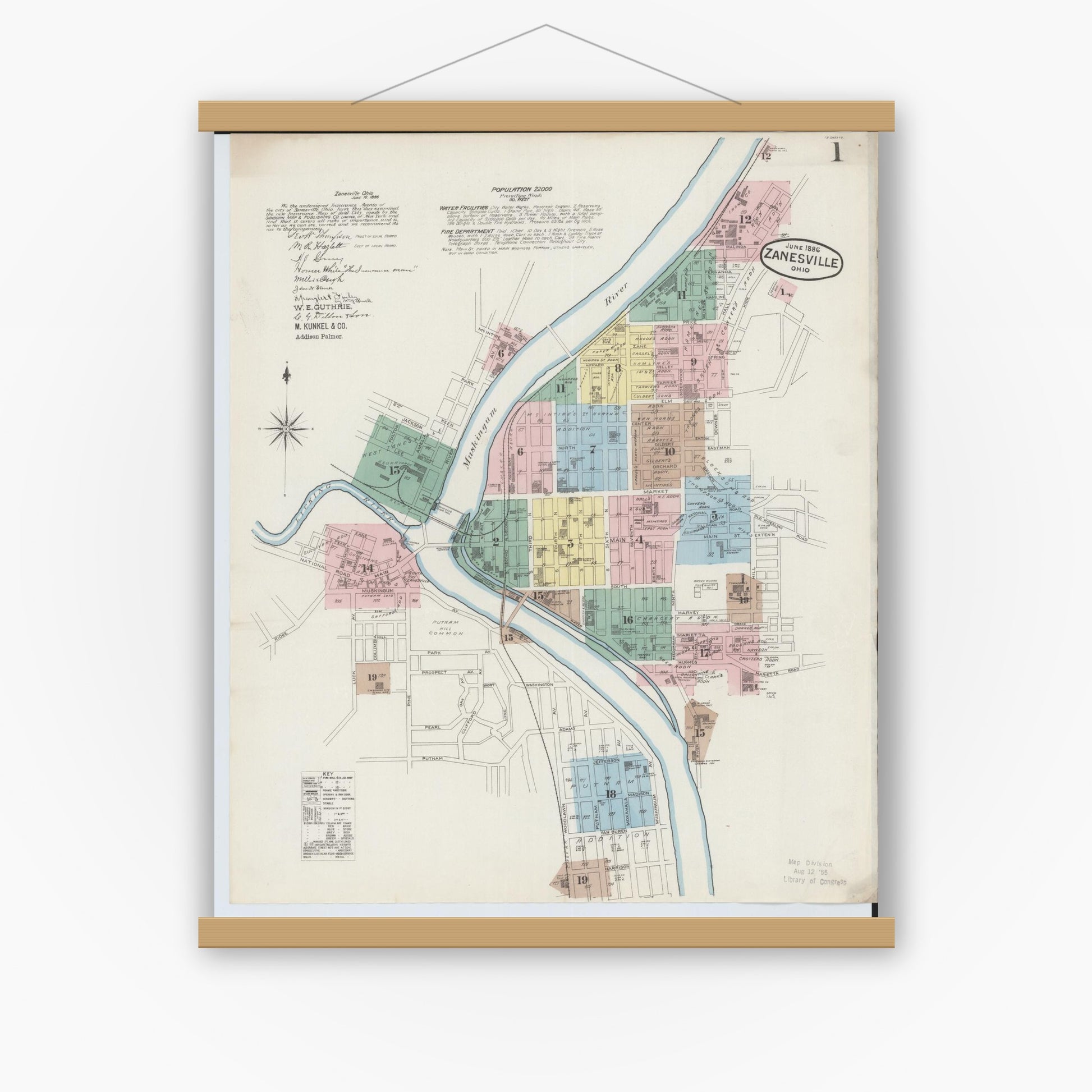 Old map wall art mockup — magnetic wood frame on white wall — Sanborn Fire Insurance Map from Zanesville, Muskingum County, Ohio (1886) - Complete Map Set