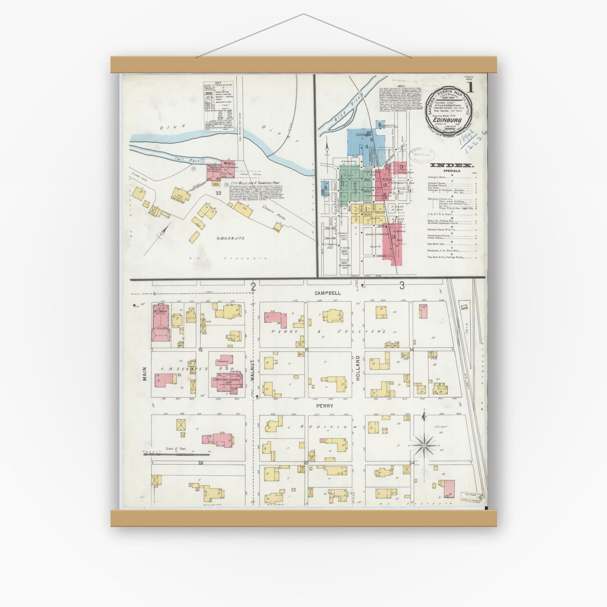 Old map wall art mockup — magnetic wood frame on white wall — Sanborn Fire Insurance Map from Edinburg, Johnson And Bartholomew Counties, Indiana (1899) - Complete Map Set
