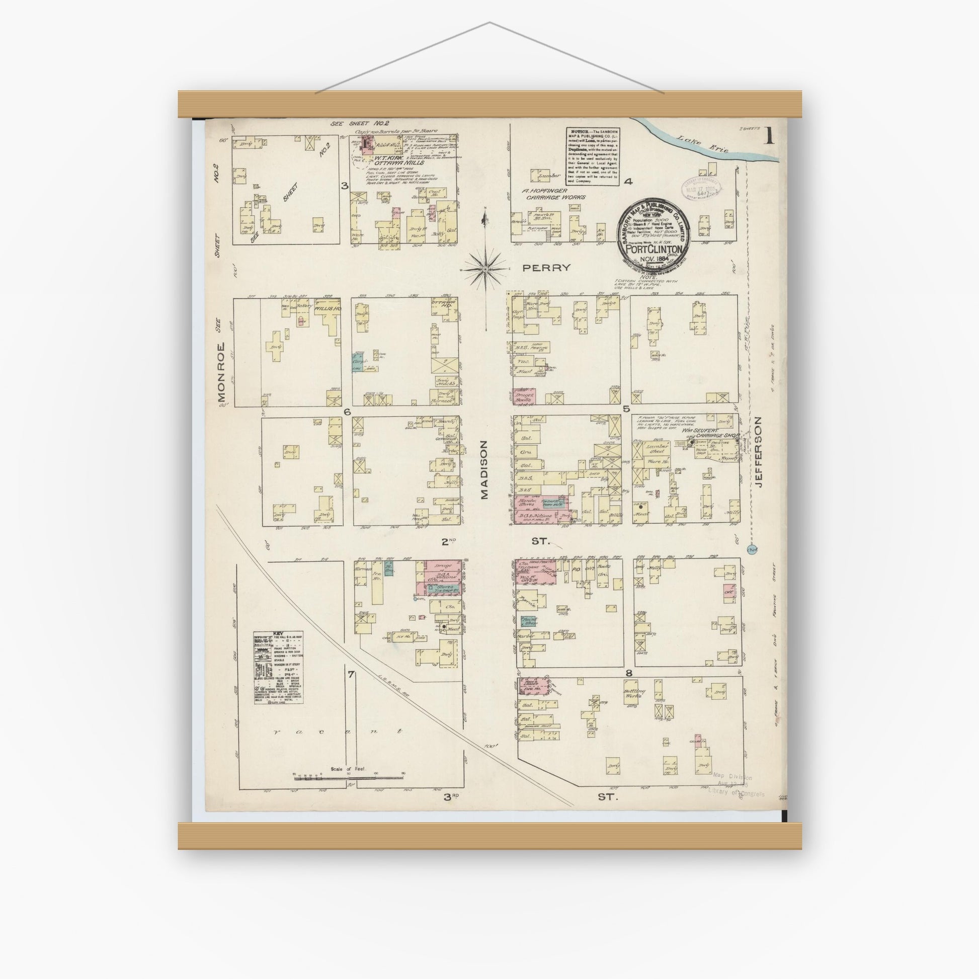 Old map wall art mockup — magnetic wood frame on white wall — Sanborn Fire Insurance Map from Port Clinton, Ottawa County, Ohio (1884) - Complete Map Set