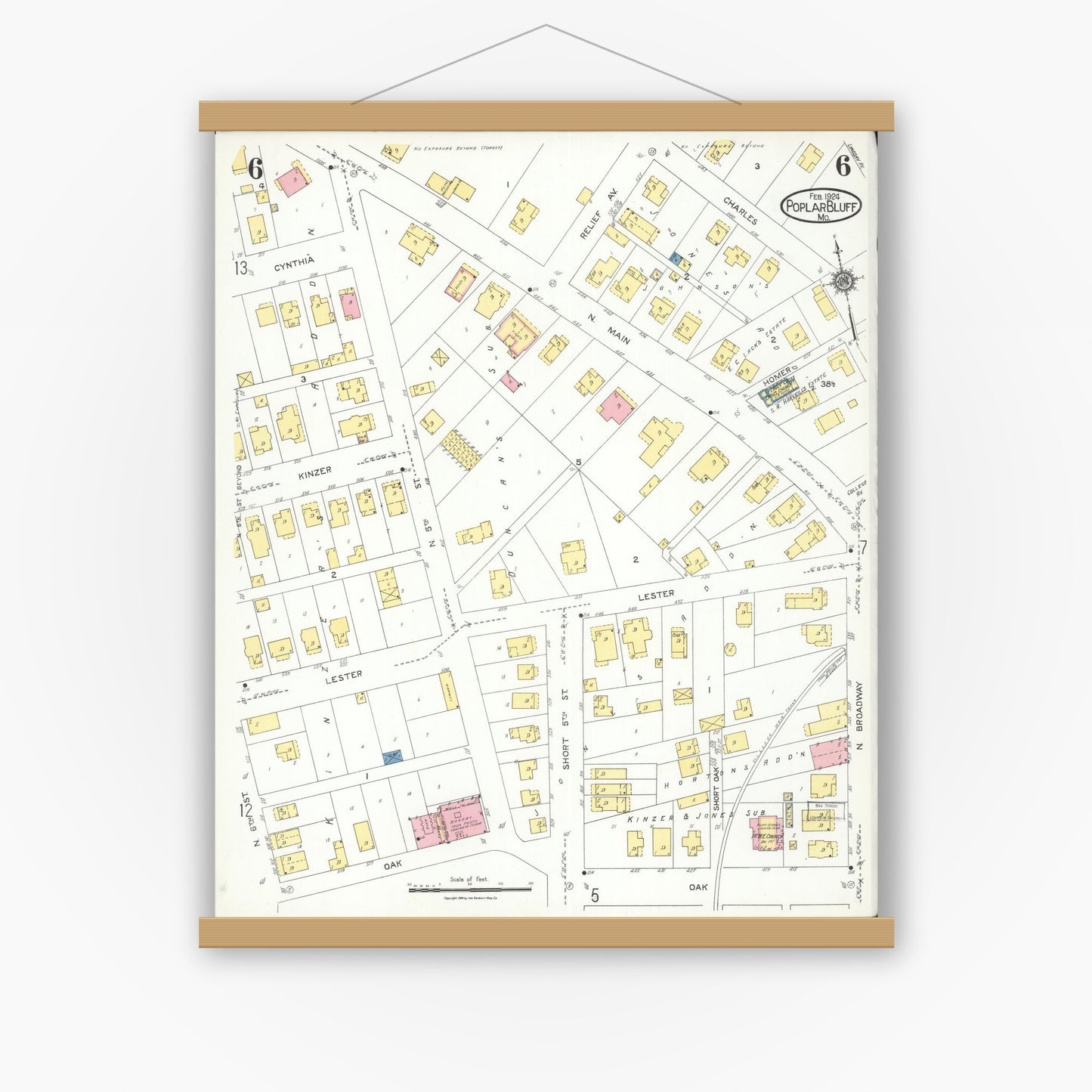 Old map wall art mockup — magnetic wood frame on white wall — Sanborn Fire Insurance Map from Poplar Bluff, Butler County, Missouri (1924), Sheet #0006
