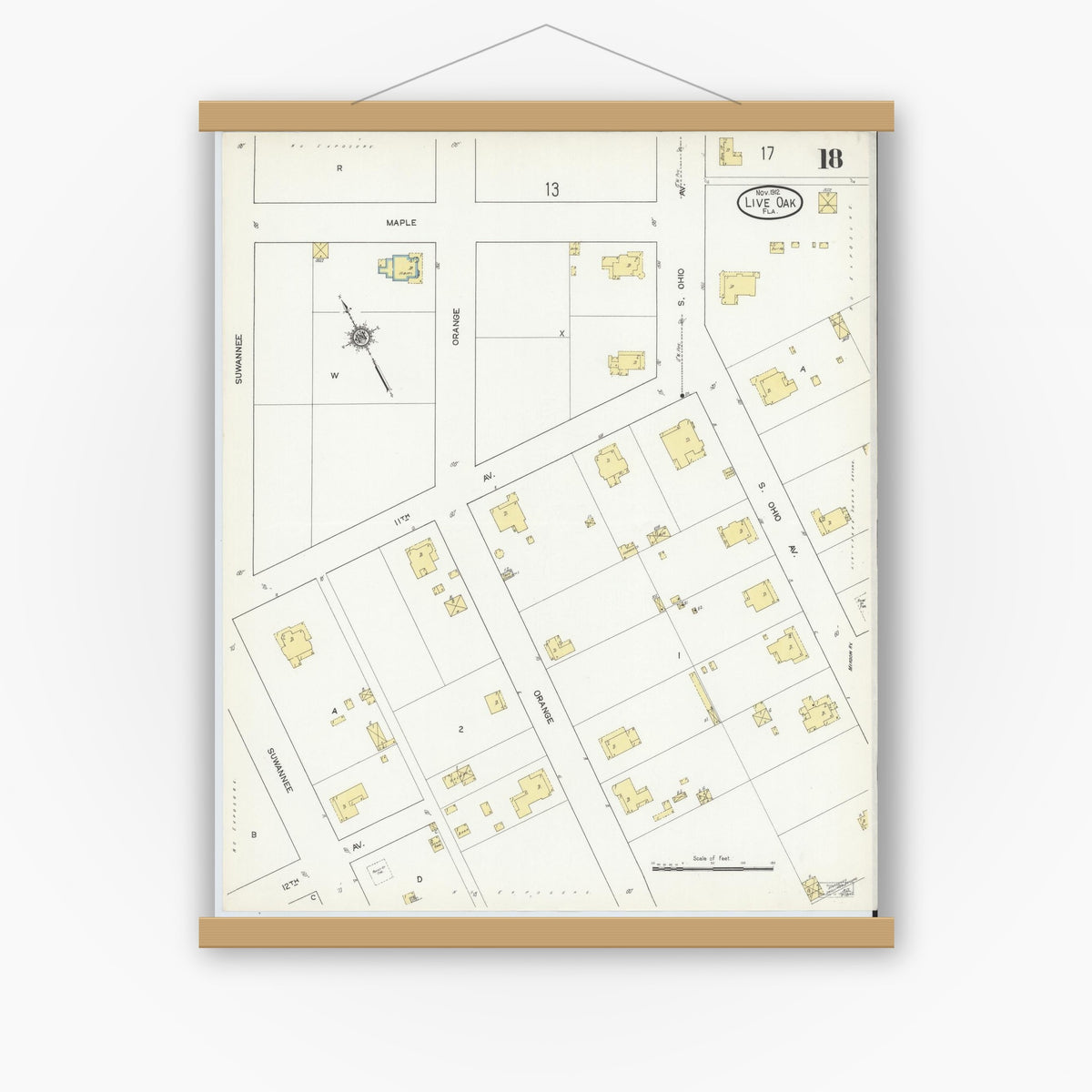Old map wall art mockup — magnetic wood frame on white wall — Sanborn Fire Insurance Map from Live Oak, Suwanee County, Florida (1912), Sheet #0018