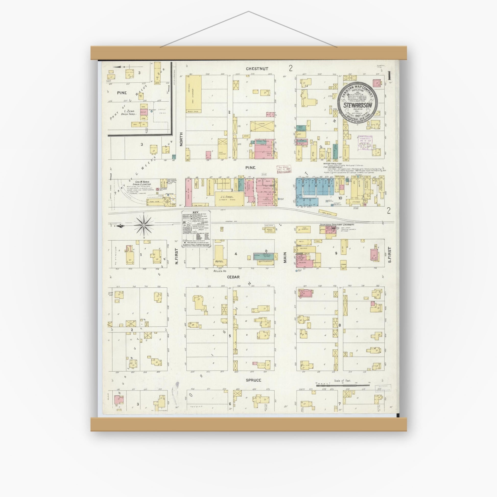Old map wall art mockup — magnetic wood frame on white wall — Sanborn Fire Insurance Map from Stewardson, Shelby County, Illinois (1907), Sheet #0001