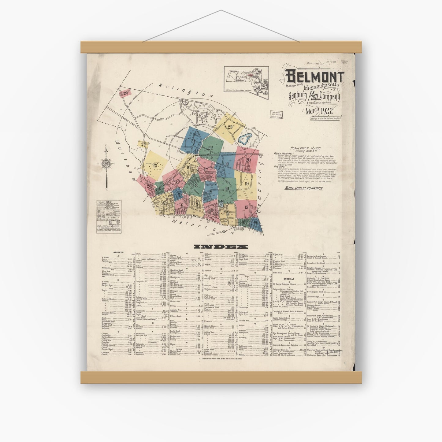 Old map wall art mockup — magnetic wood frame on white wall — Sanborn Fire Insurance Map from Belmont, Middlesex County, Massachusetts (1922) - Complete Map Set