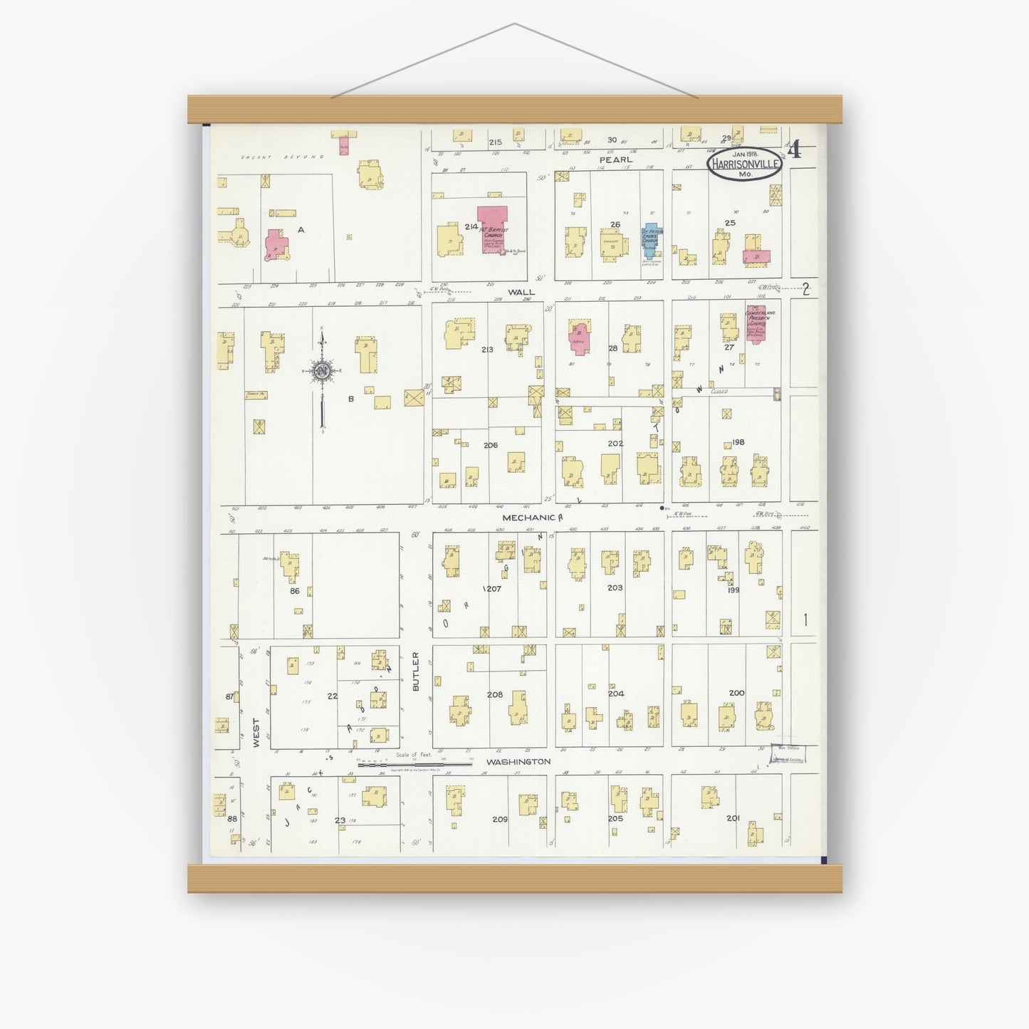Old map wall art mockup — magnetic wood frame on white wall — Sanborn Fire Insurance Map from Harrisonville, Cass County, Missouri (1918), Sheet #0004