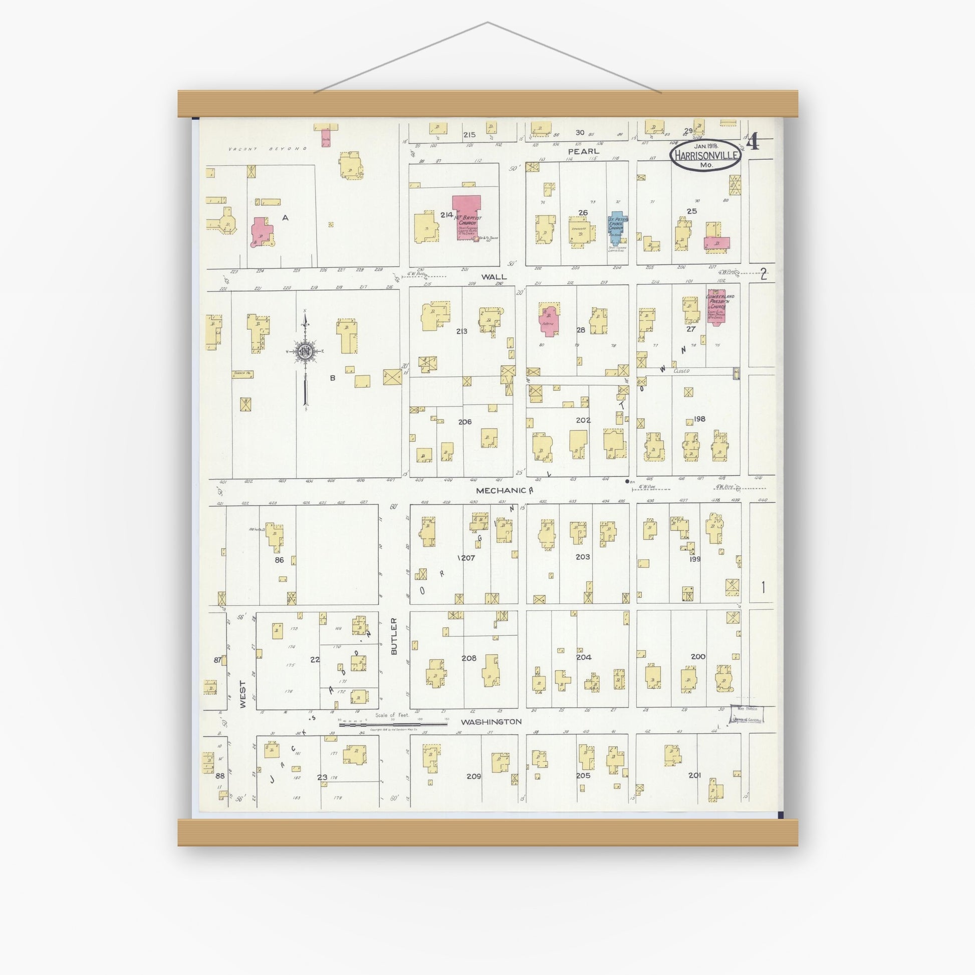 Old map wall art mockup — magnetic wood frame on white wall — Sanborn Fire Insurance Map from Harrisonville, Cass County, Missouri (1918), Sheet #0004