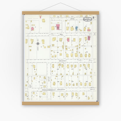 Old map wall art mockup — magnetic wood frame on white wall — Sanborn Fire Insurance Map from Harrisonville, Cass County, Missouri (1918), Sheet #0004