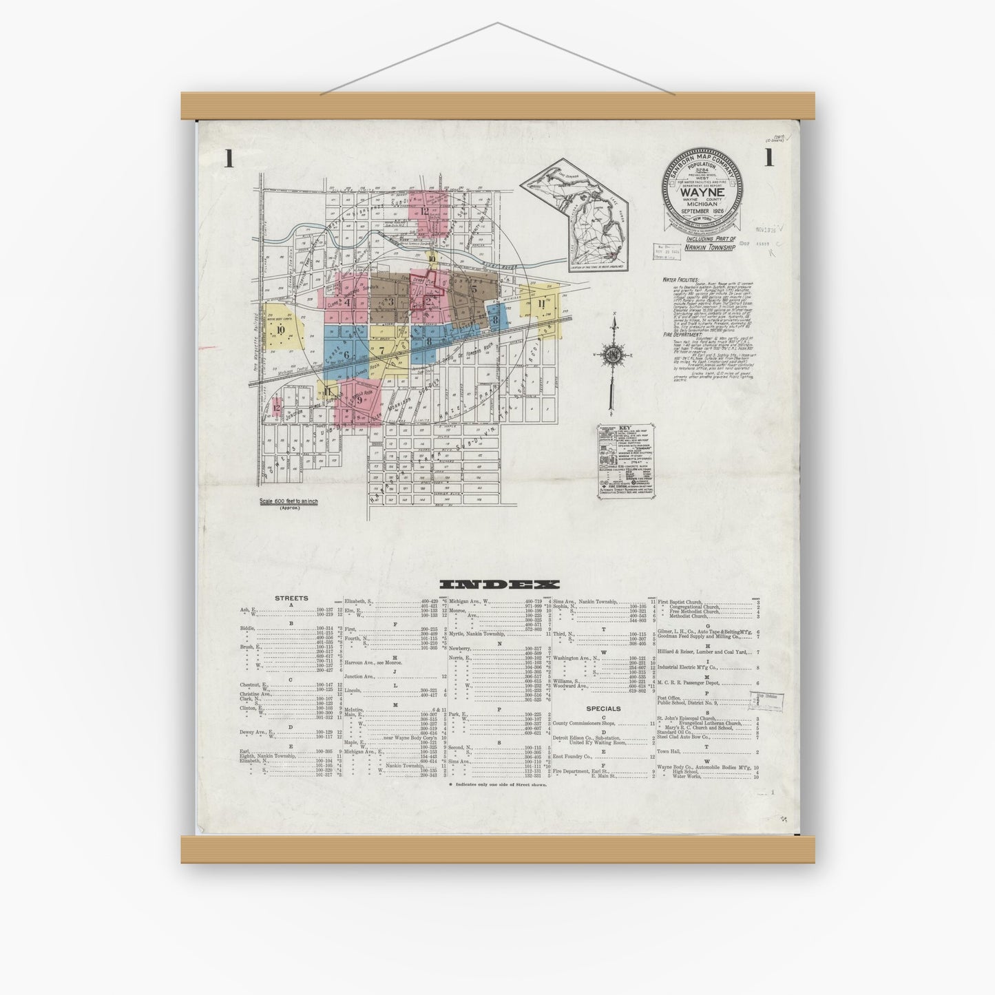 Old map wall art mockup — magnetic wood frame on white wall — Sanborn Fire Insurance Map from Wayne, Wayne County, Michigan (1926), Sheet #0001