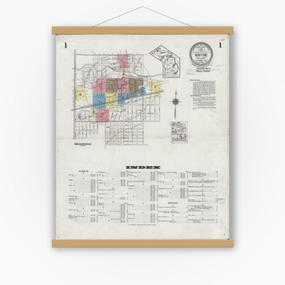 Old map wall art mockup — magnetic wood frame on white wall — Sanborn Fire Insurance Map from Wayne, Wayne County, Michigan (1926), Sheet #0001