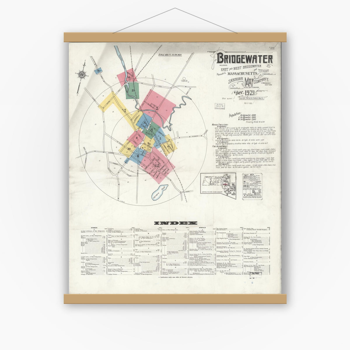 Old map wall art mockup — magnetic wood frame on white wall — Sanborn Fire Insurance Map from Bridgewater, Plymouth County, Massachusetts (1921), Sheet #0001