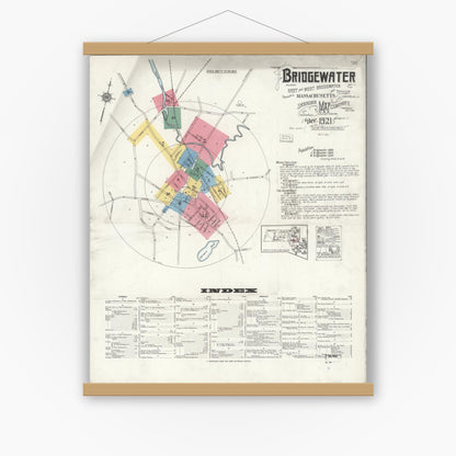 Old map wall art mockup — magnetic wood frame on white wall — Sanborn Fire Insurance Map from Bridgewater, Plymouth County, Massachusetts (1921), Sheet #0001