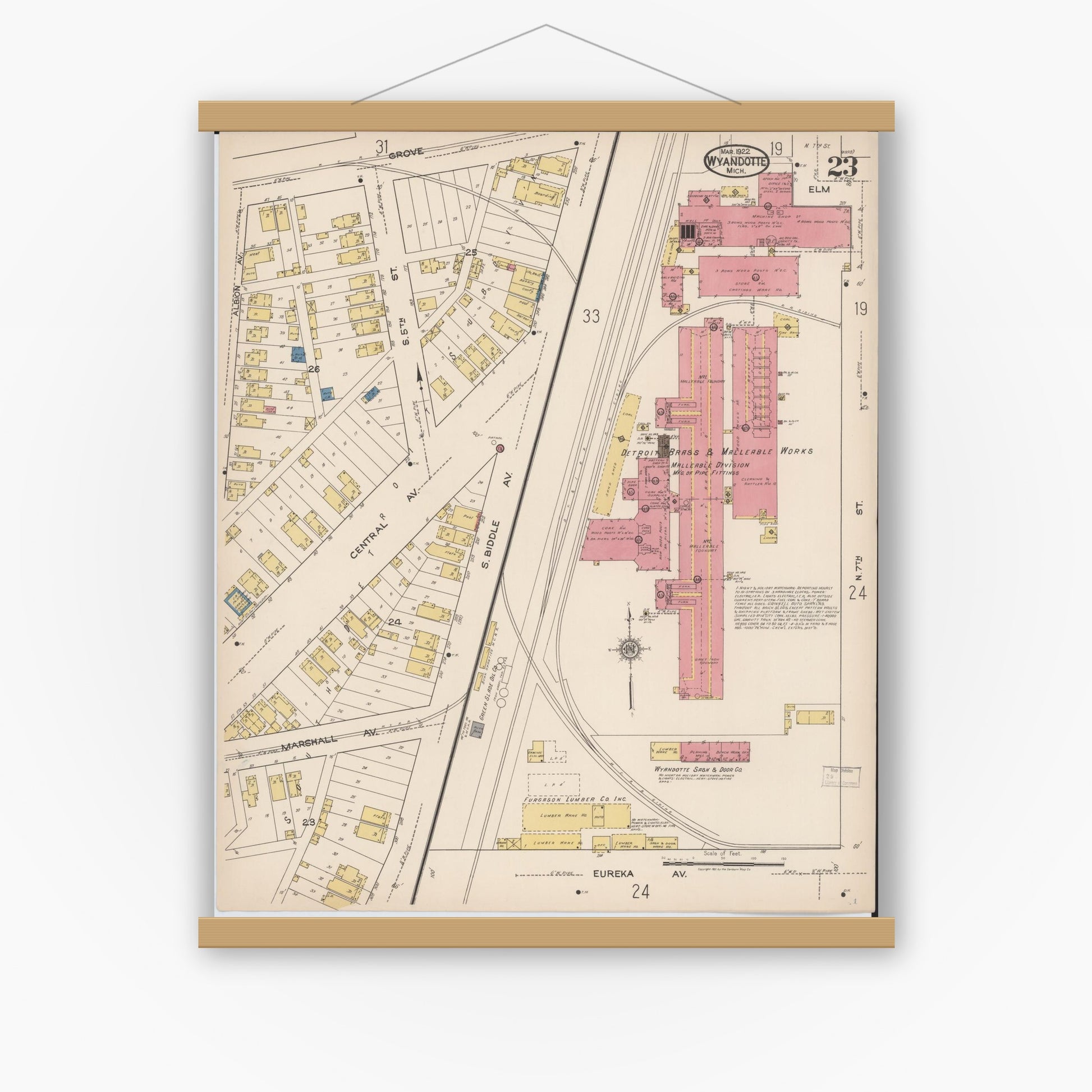 Old map wall art mockup — magnetic wood frame on white wall — Sanborn Fire Insurance Map from Wyandotte, Wayne County, Michigan (1922), Sheet #0023