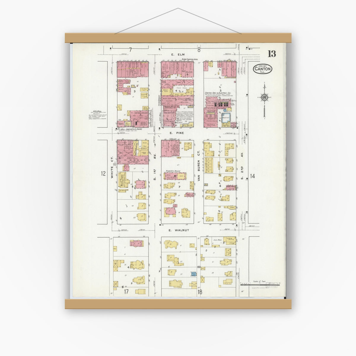 Old map wall art mockup — magnetic wood frame on white wall — Sanborn Fire Insurance Map from Canton, Fulton County, Illinois (1917), Sheet #0013