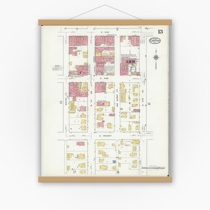 Old map wall art mockup — magnetic wood frame on white wall — Sanborn Fire Insurance Map from Canton, Fulton County, Illinois (1917), Sheet #0013