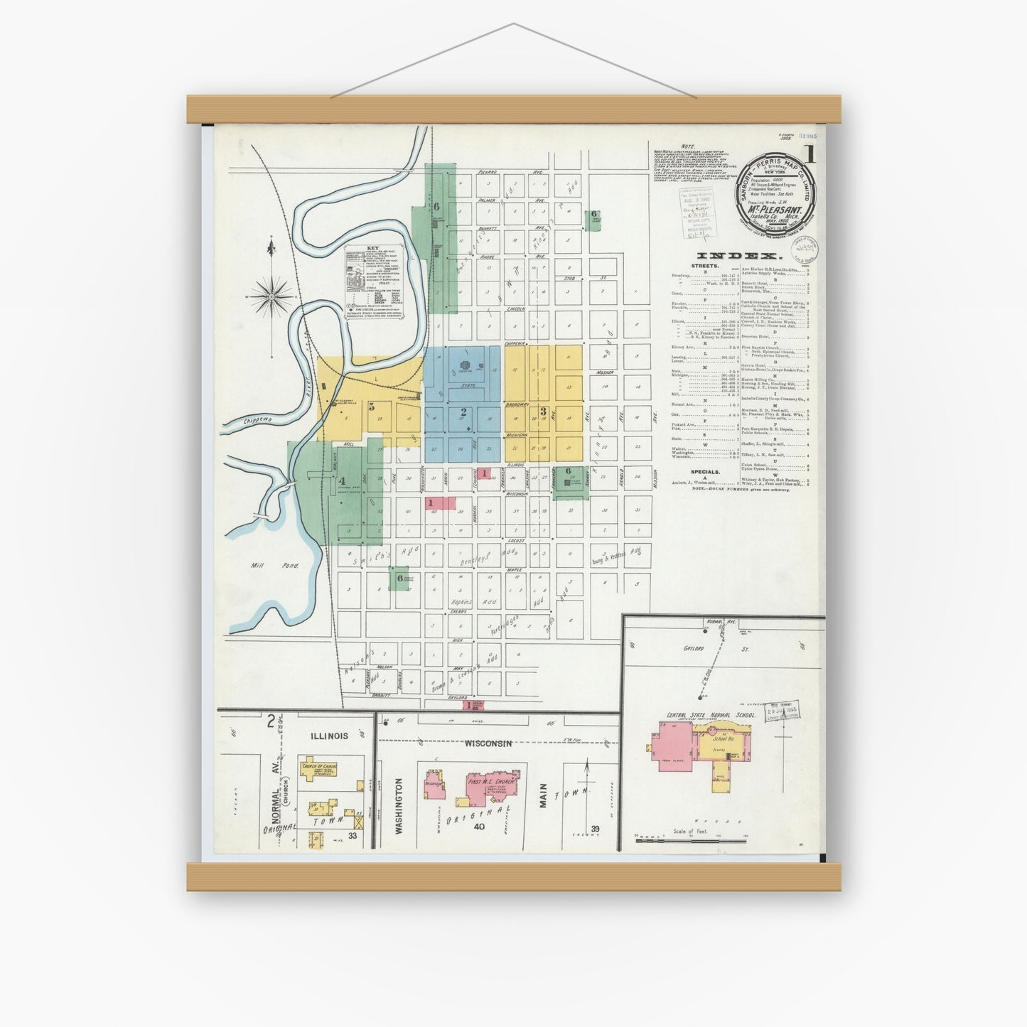 Old map wall art mockup — magnetic wood frame on white wall — Sanborn Fire Insurance Map from Mount Pleasant, Isabella County, Michigan (1900) - Complete Map Set