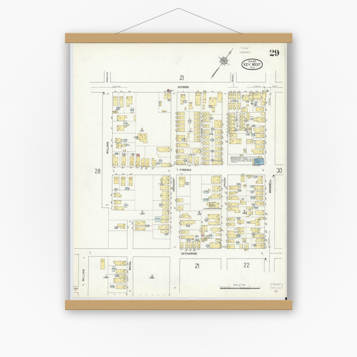 Old map wall art mockup — magnetic wood frame on white wall — Sanborn Fire Insurance Map from Key West, Monroe County, Florida (1912), Sheet #0029