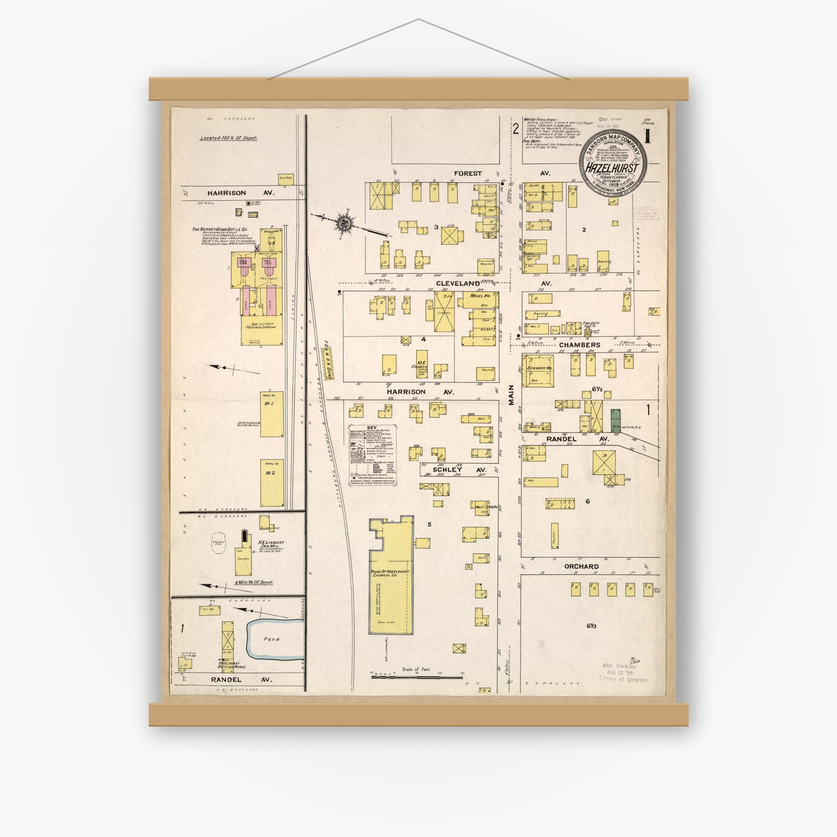 Old map wall art mockup — magnetic wood frame on white wall — Sanborn Fire Insurance Map from Hazelhurst, McKean County, Pennsylvania (1909), Sheet #0001