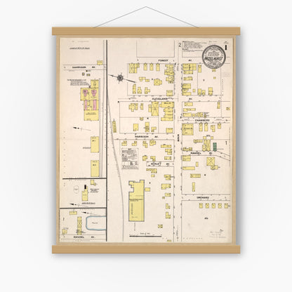 Old map wall art mockup — magnetic wood frame on white wall — Sanborn Fire Insurance Map from Hazelhurst, McKean County, Pennsylvania (1909), Sheet #0001